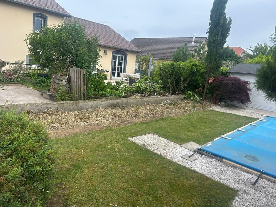 Jardin avec piscine en cours de remise en etat : massifs tailles et branches evacuees